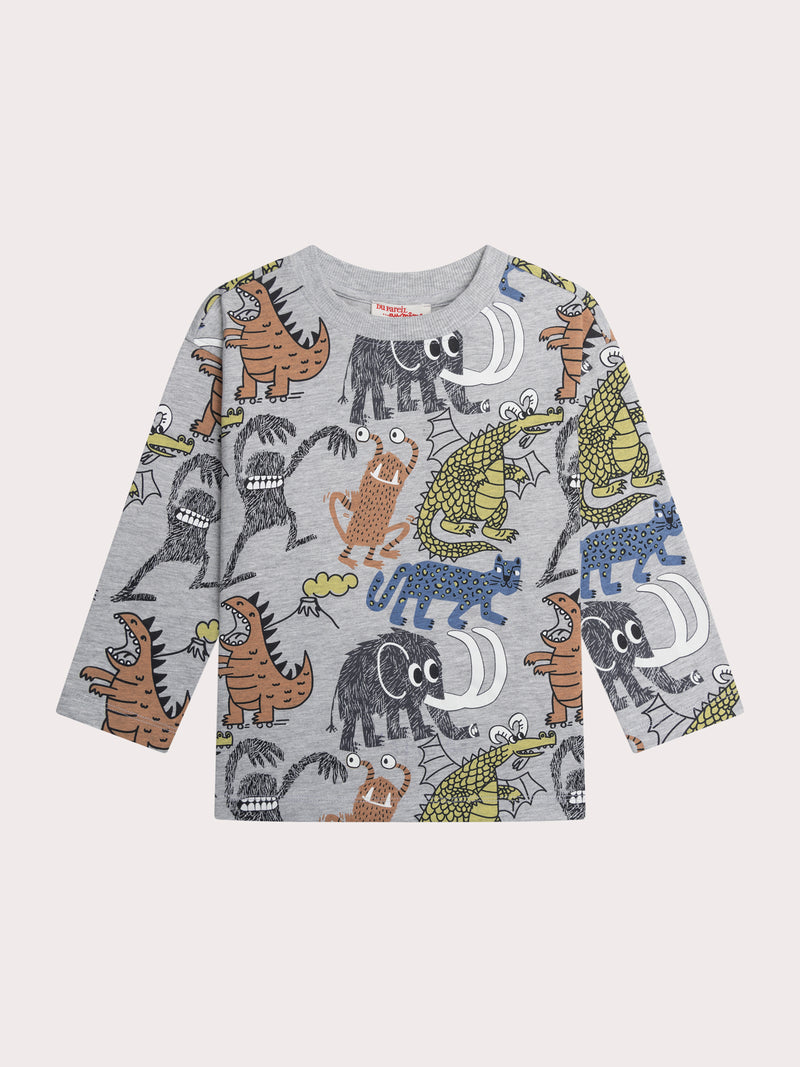 T-shirt grigio mélange con stampa di animali e mostri