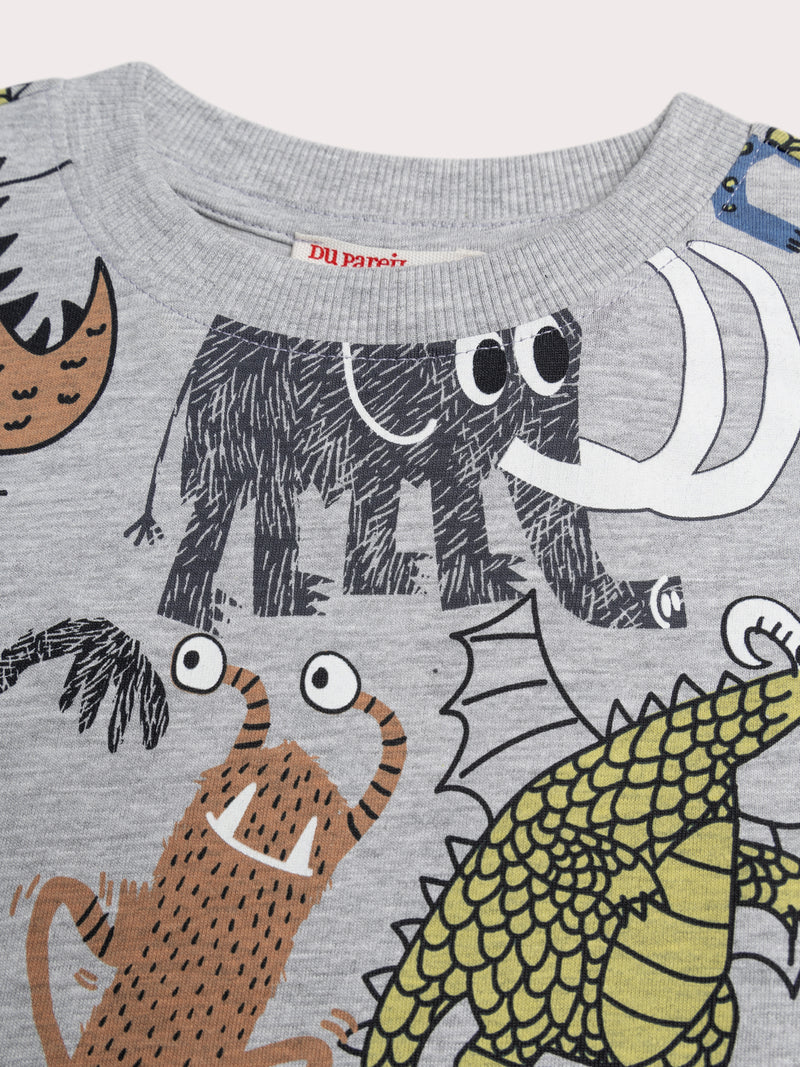 T-shirt grigio mélange con stampa di animali e mostri