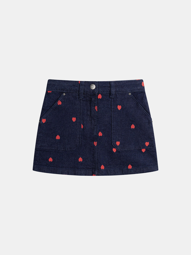 Gonna blu in denim con ricami a cuore per ragazza