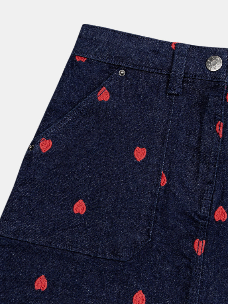 Gonna blu in denim con ricami a cuore per ragazza