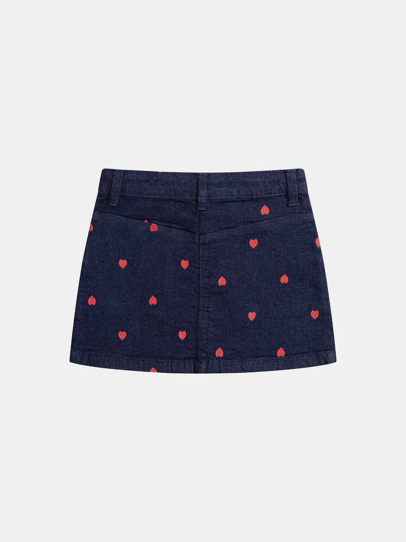 Gonna blu in denim con ricami a cuore per ragazza