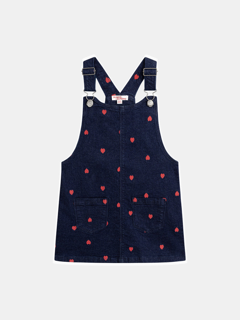 Abito-salopette blu in denim con ricami a cuore per ragazze