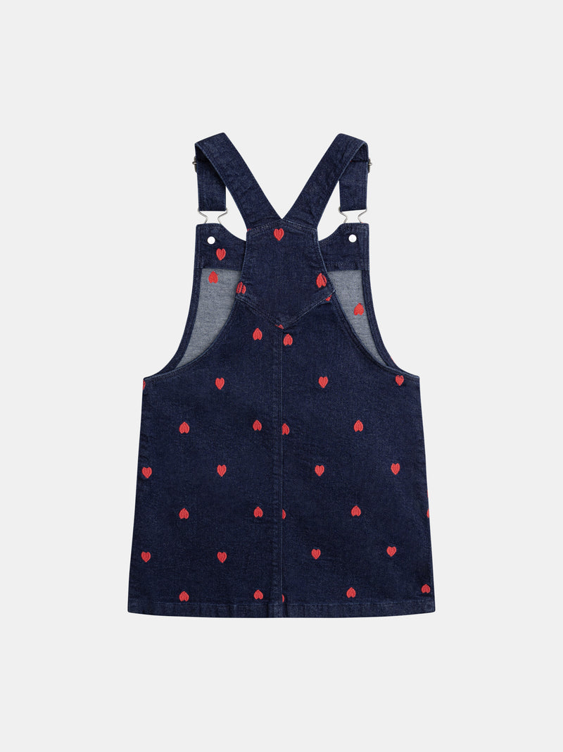 Abito-salopette blu in denim con ricami a cuore per ragazze