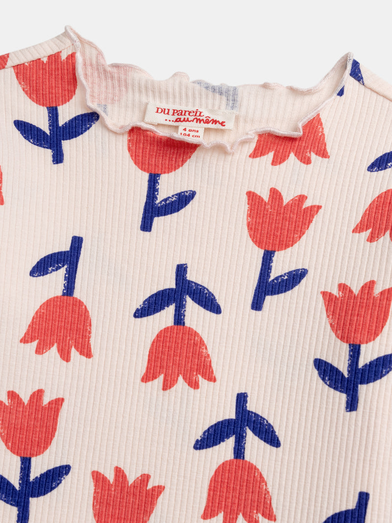 T-shirt a costine con maniche lunghe, rosa con stampa di papaveri per ragazze