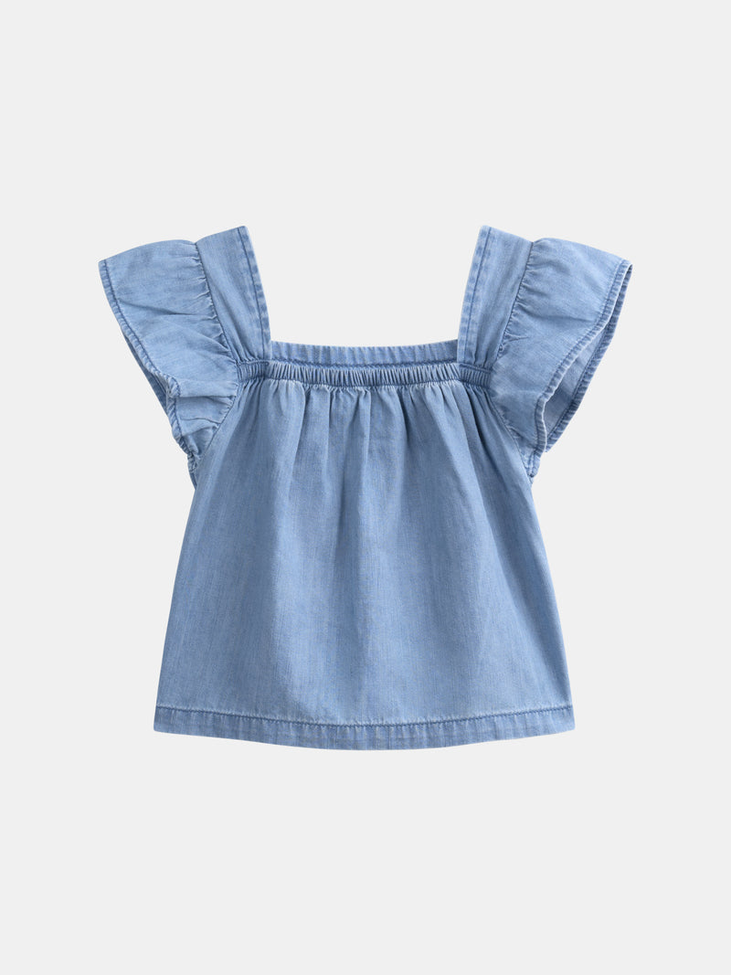 Camicia blu con ricami floreali per bambina