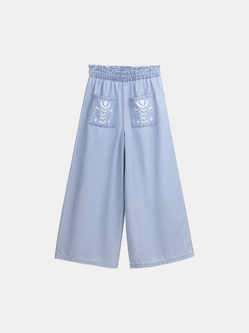 Pantaloni blu con ricami floreali per ragazze