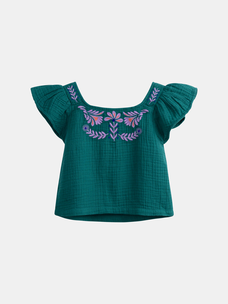Blusa verde con ricami floreali per ragazza
