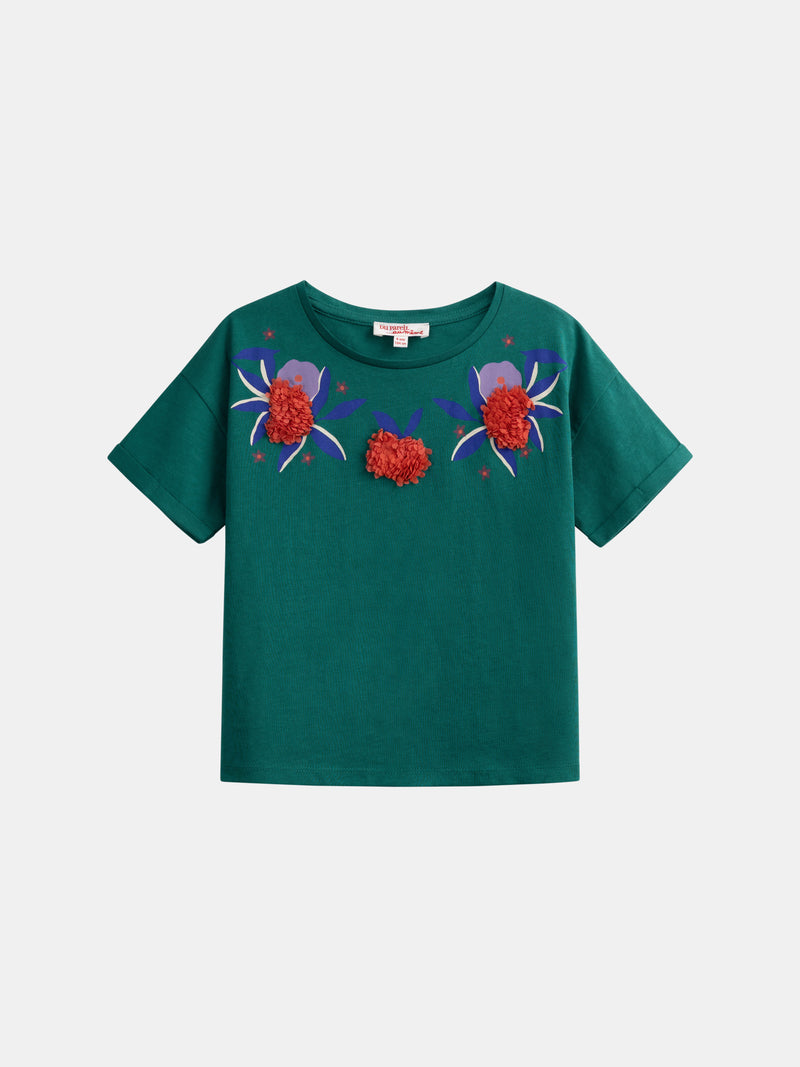 T-shirt verde con animazione floreale per ragazze
