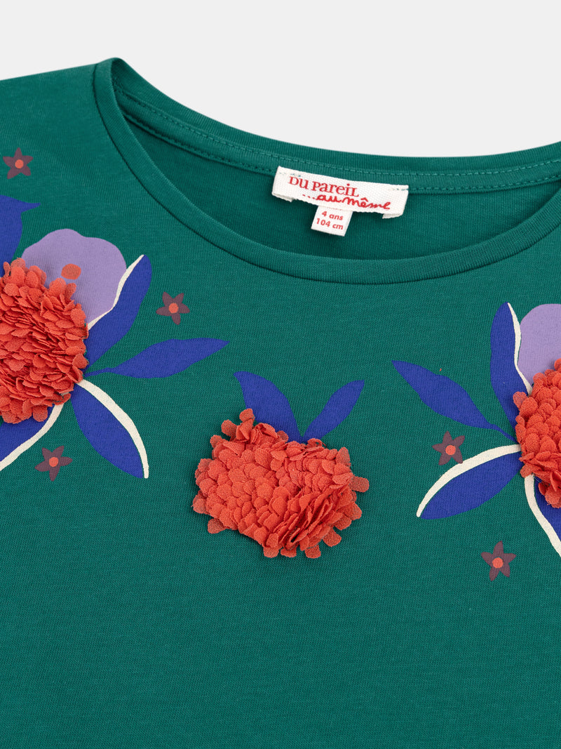 T-shirt verde con animazione floreale per ragazze