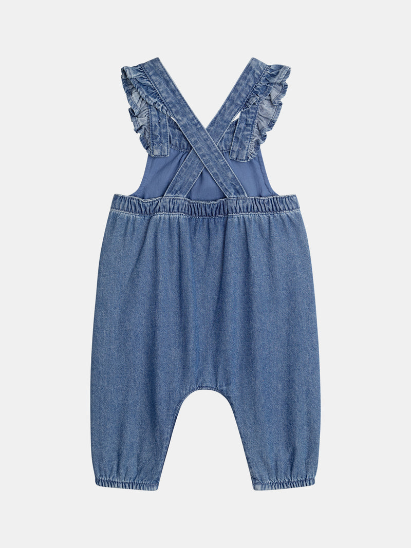 Salopette in denim con tasche a forma di cuore ricamate per bambina