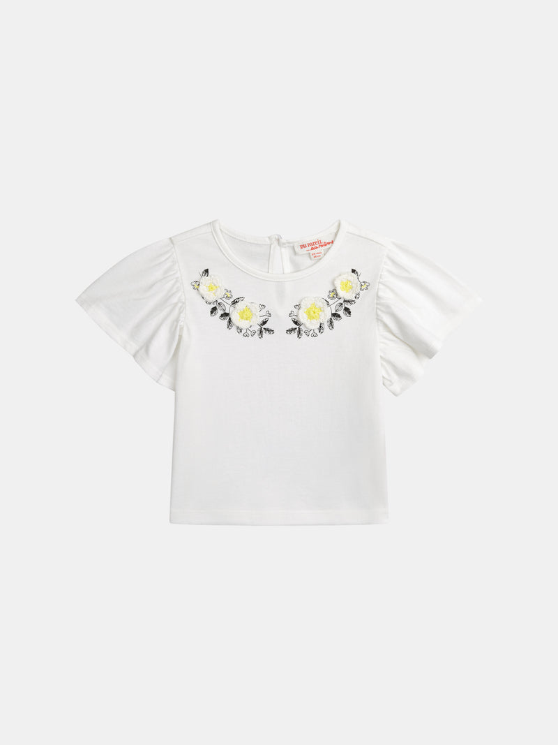 T-shirt ecru ricamata con fiori e maniche a volant per bambina