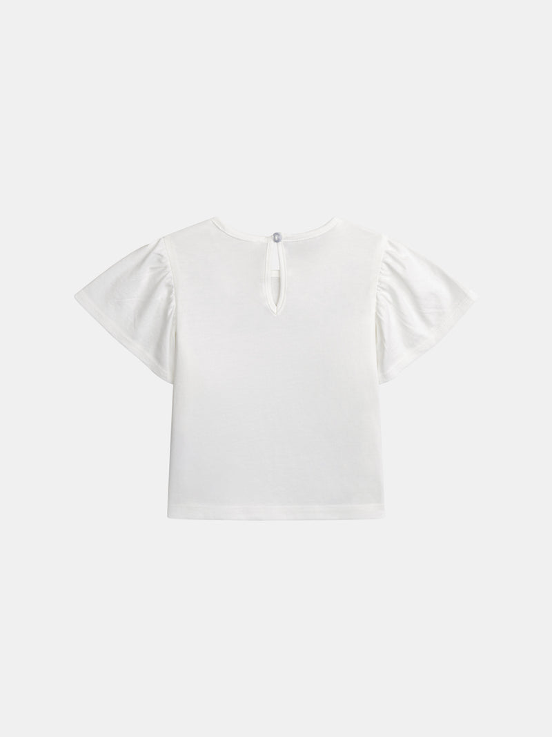 T-shirt ecru ricamata con fiori e maniche a volant per bambina