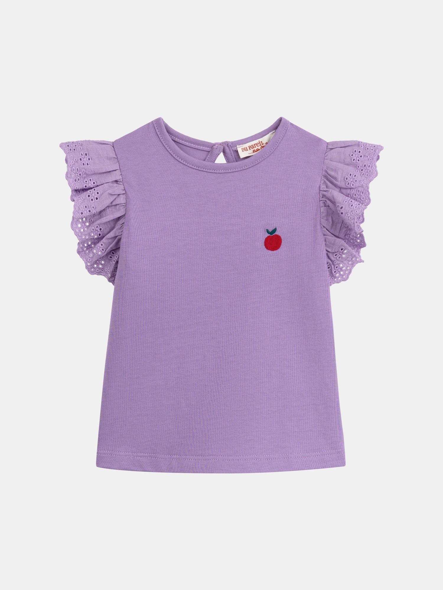 T-shirt viola con maniche volantate e ricamate per bambina