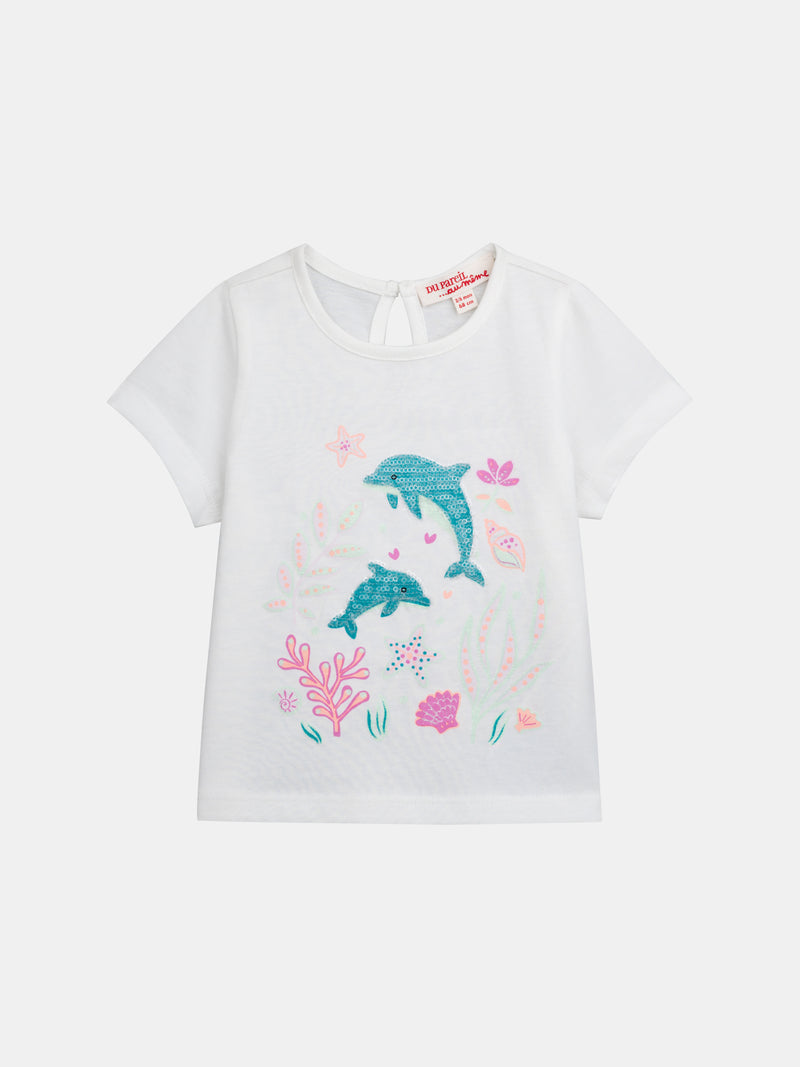 T-shirt ecru con stampa 'Mondo Marino' per bambina