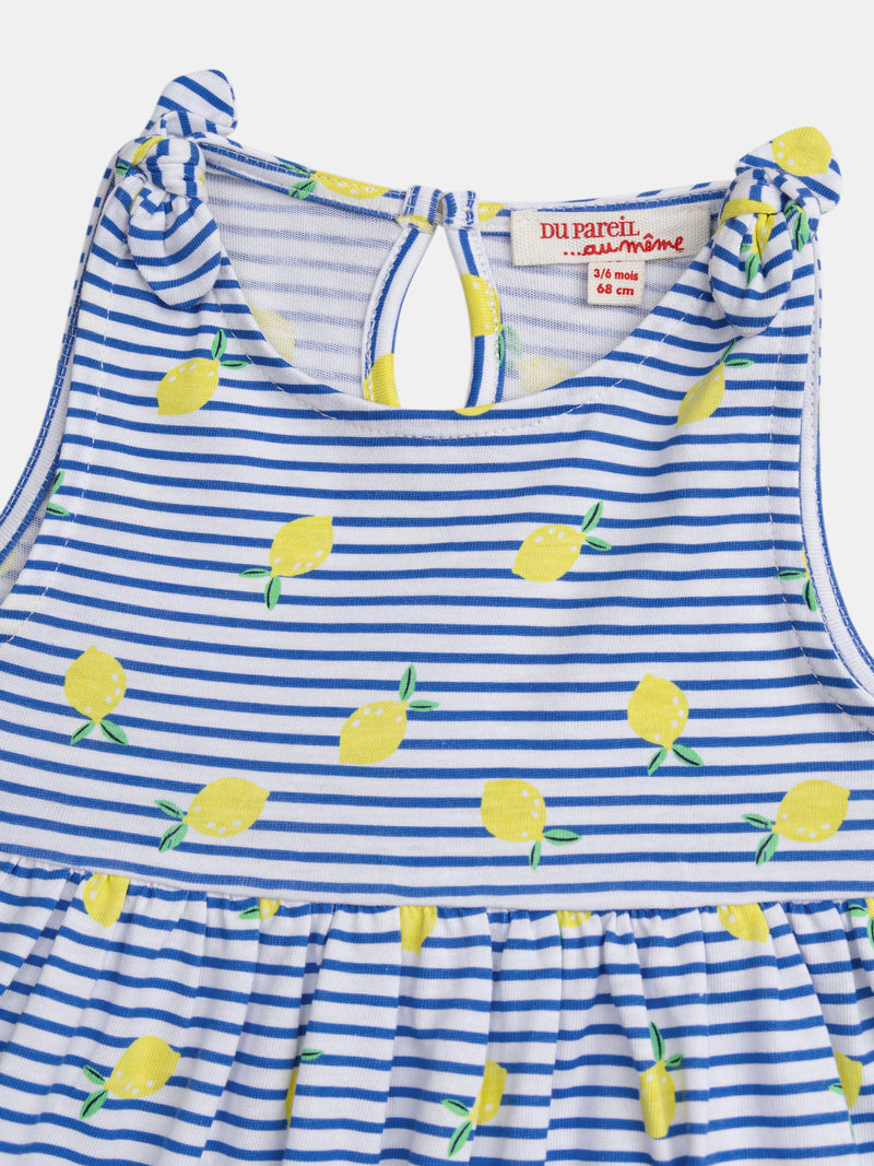 Vestito a righe blu e bianche con stampa di limoni per bambina