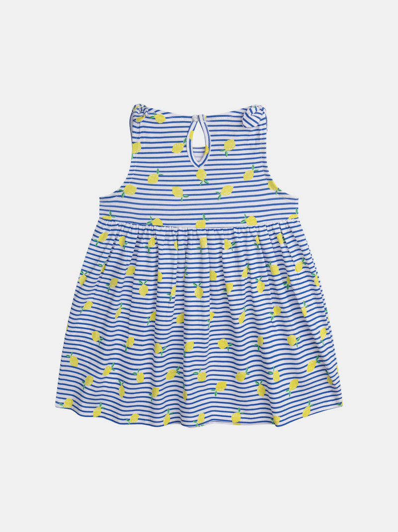 Vestito a righe blu e bianche con stampa di limoni per bambina