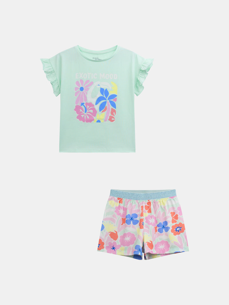Pigiama corto fosforescente con stampa "Exotic Mood" per bambina