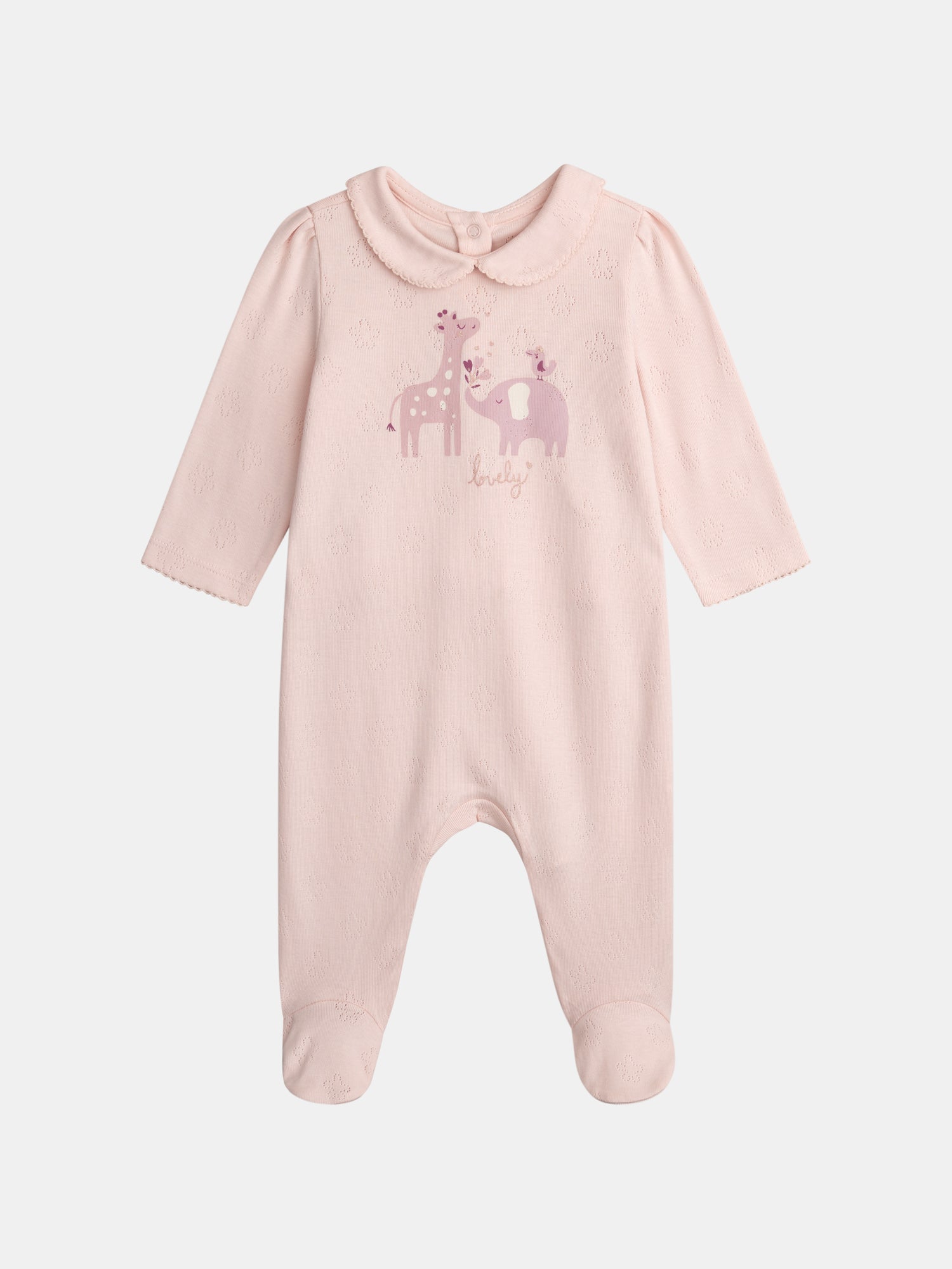 Grenouillère rose à col Claudine avec motif "girafe et éléphant" pour bébé fille