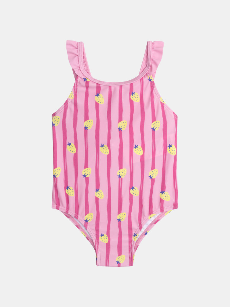 Costume da bagno a una pezzo stampato con fragole su strisce rosa