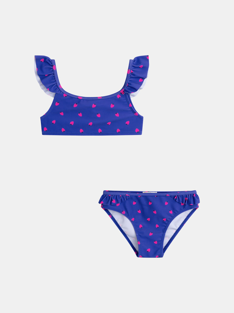 Costume da bagno blu a 2 pezzi con stampa di fragole per ragazze.PRODUCT