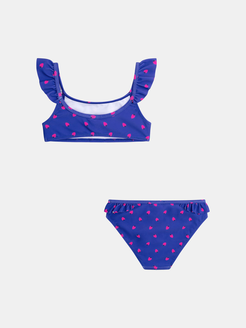 Costume da bagno blu a 2 pezzi con stampa di fragole per ragazze.PRODUCT