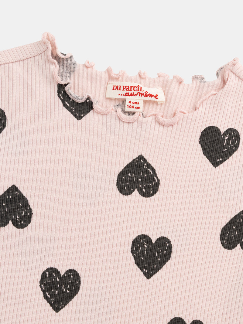 T-shirt rosa a maniche lunghe con stampa a cuore per ragazze