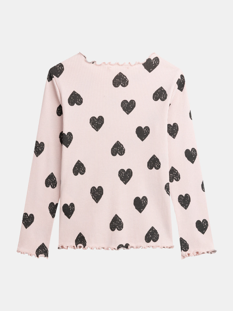 T-shirt rosa a maniche lunghe con stampa a cuore per ragazze