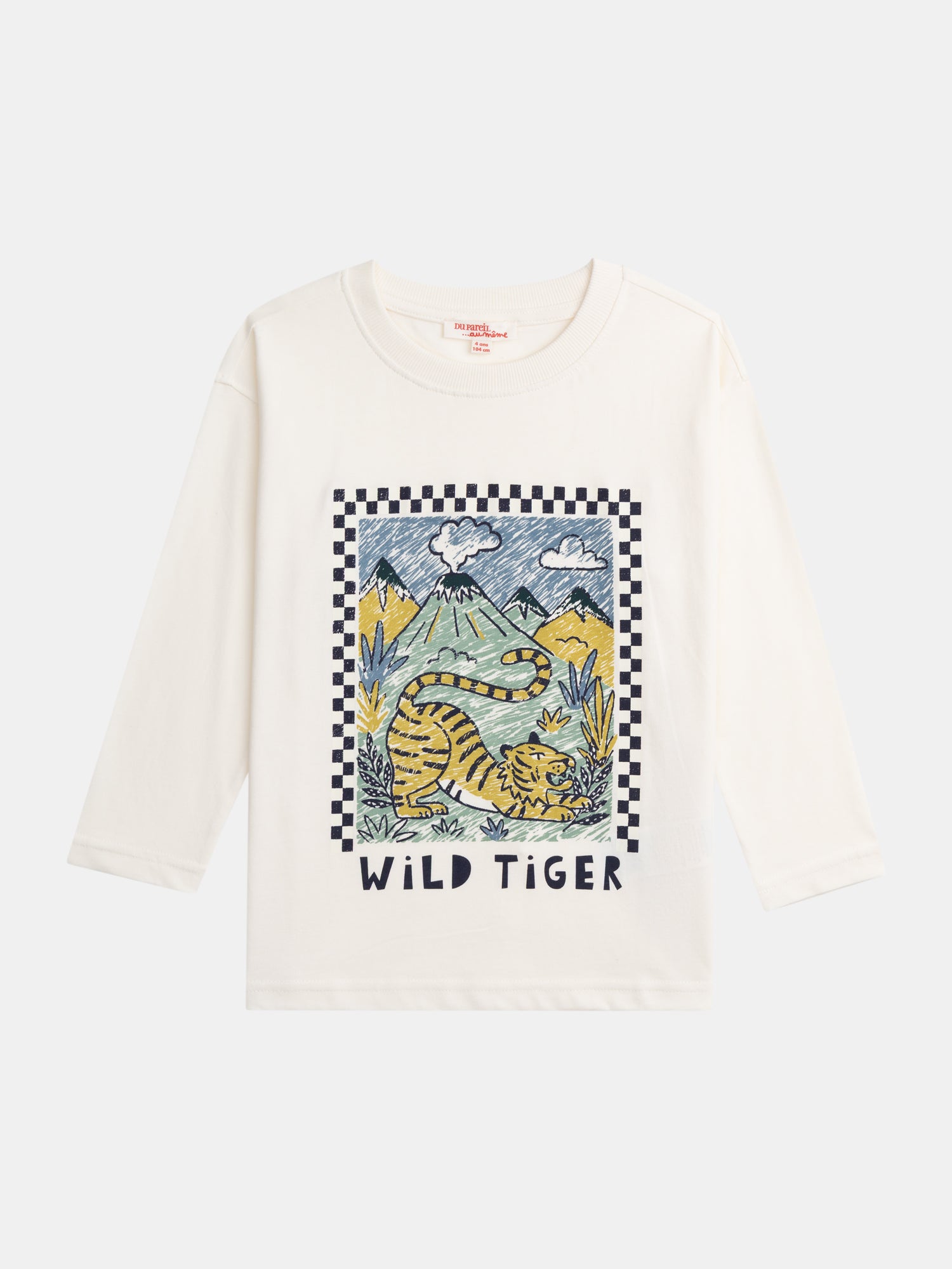 T-shirt ecru a maniche lunghe con animazione di tigre per ragazzi