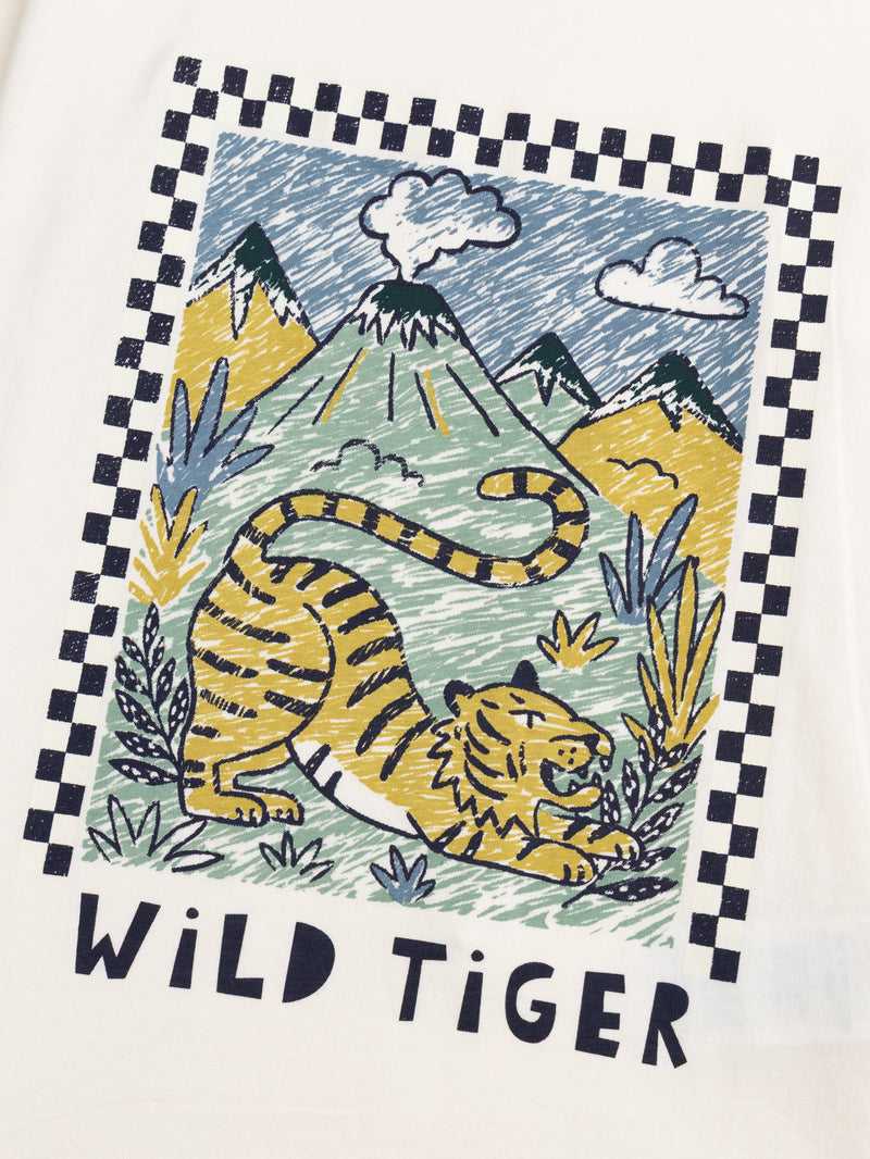 T-shirt ecru a maniche lunghe con animazione di tigre per ragazzi