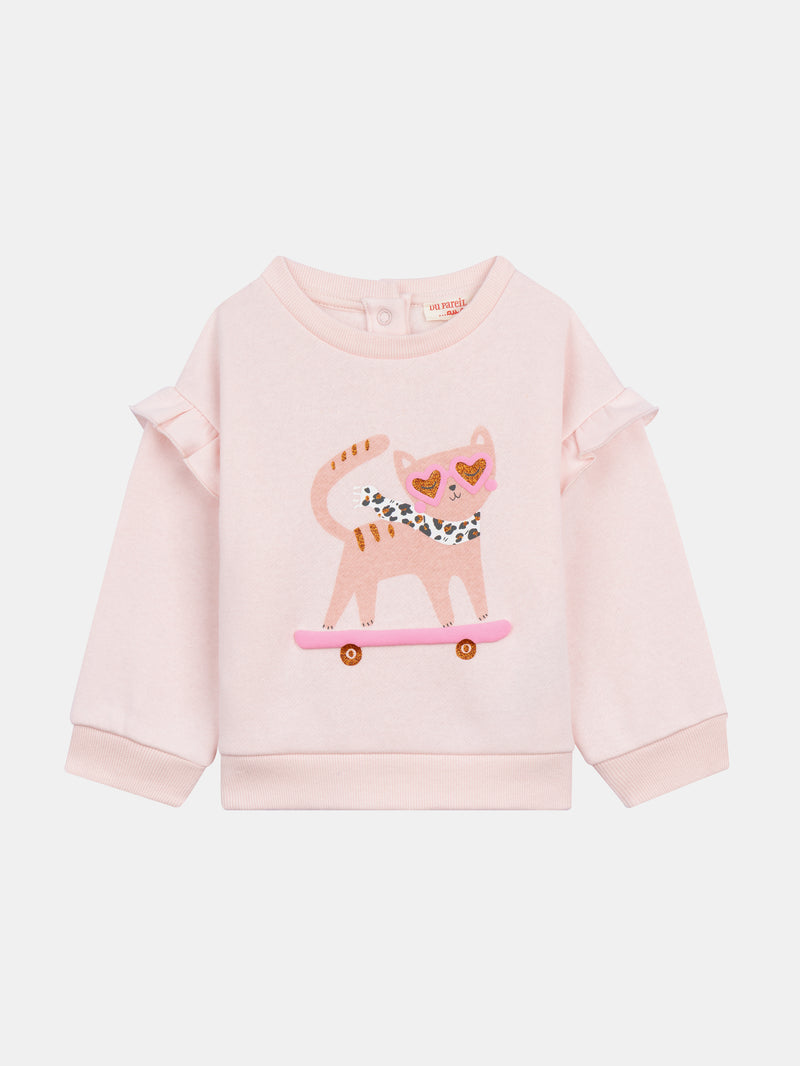 Set felpa rosa "Skater Cat" e leggings a coste prugna per bambina