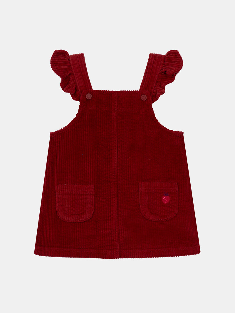 Vestito a salopette in velluto cordonato rosso mattone per neonata