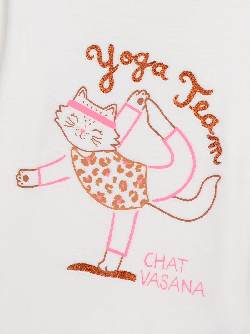 Pigiama ecru e rosa in velluto "Cat Yoga Team" per bambina