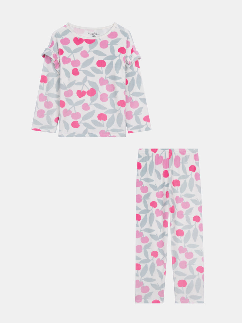 Pyjama volanté en velours ultra-doux écru motif cerises & détails fluo pour enfant fille