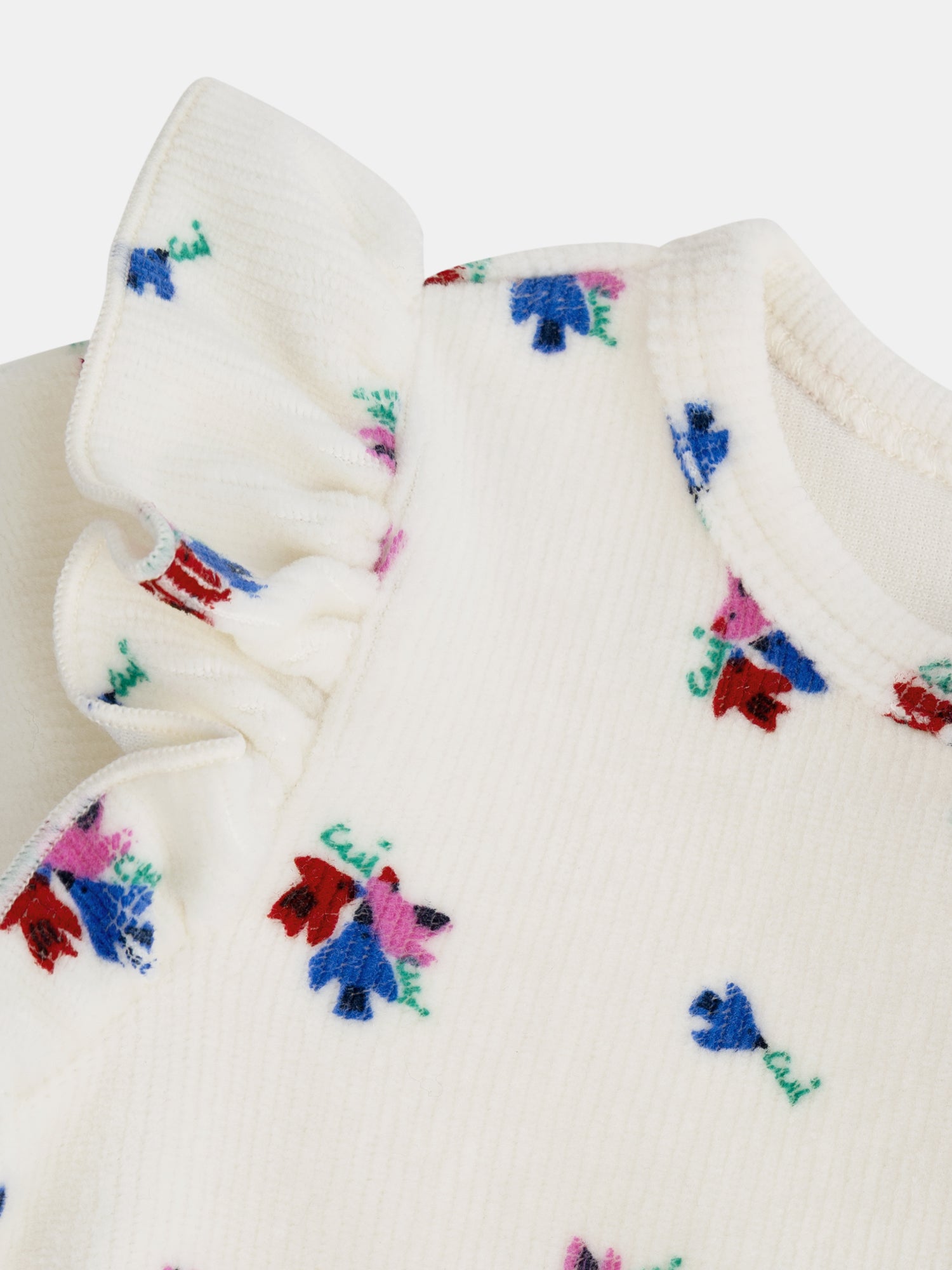 Grenouillère écrue à volants avec motifs petits oiseaux et fleurs pour bébé fille