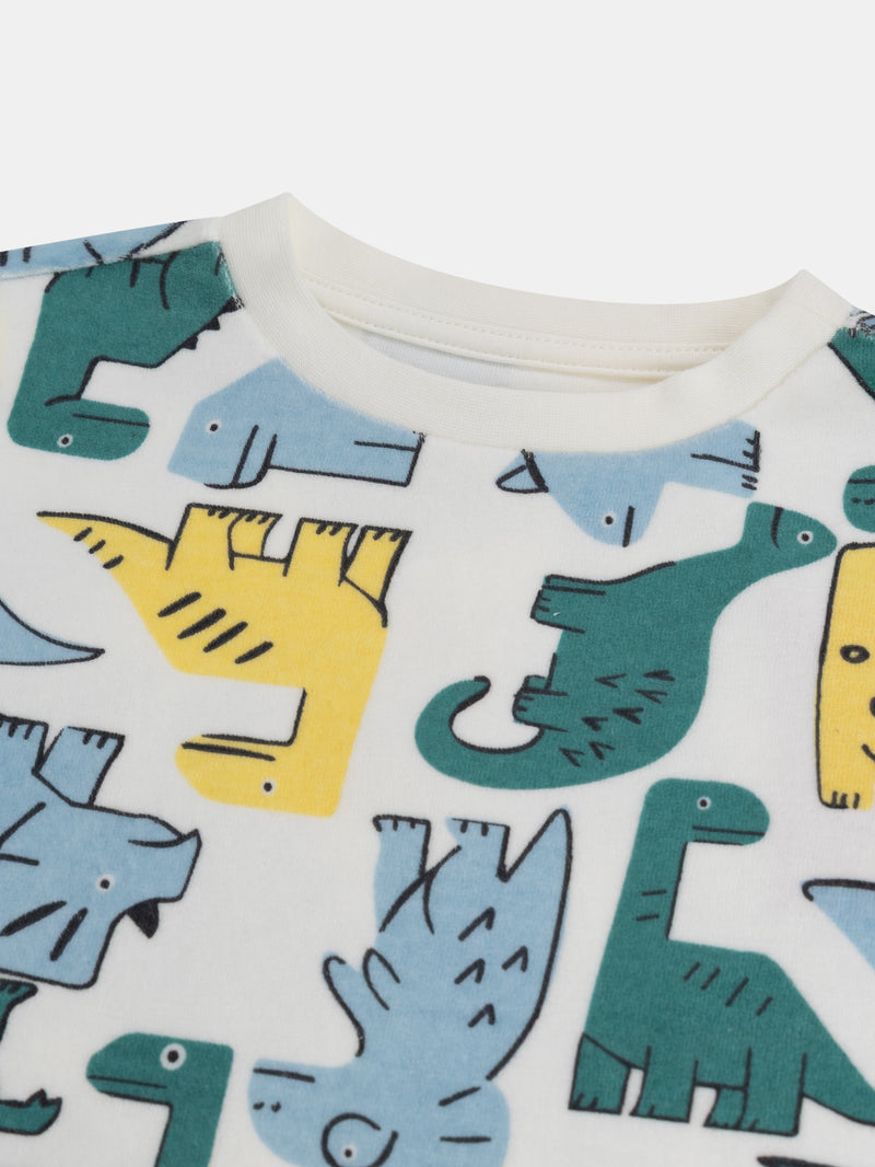 Pigiama 2 pezzi in velluto con stampa integrale di dinosauri colorati per bambino