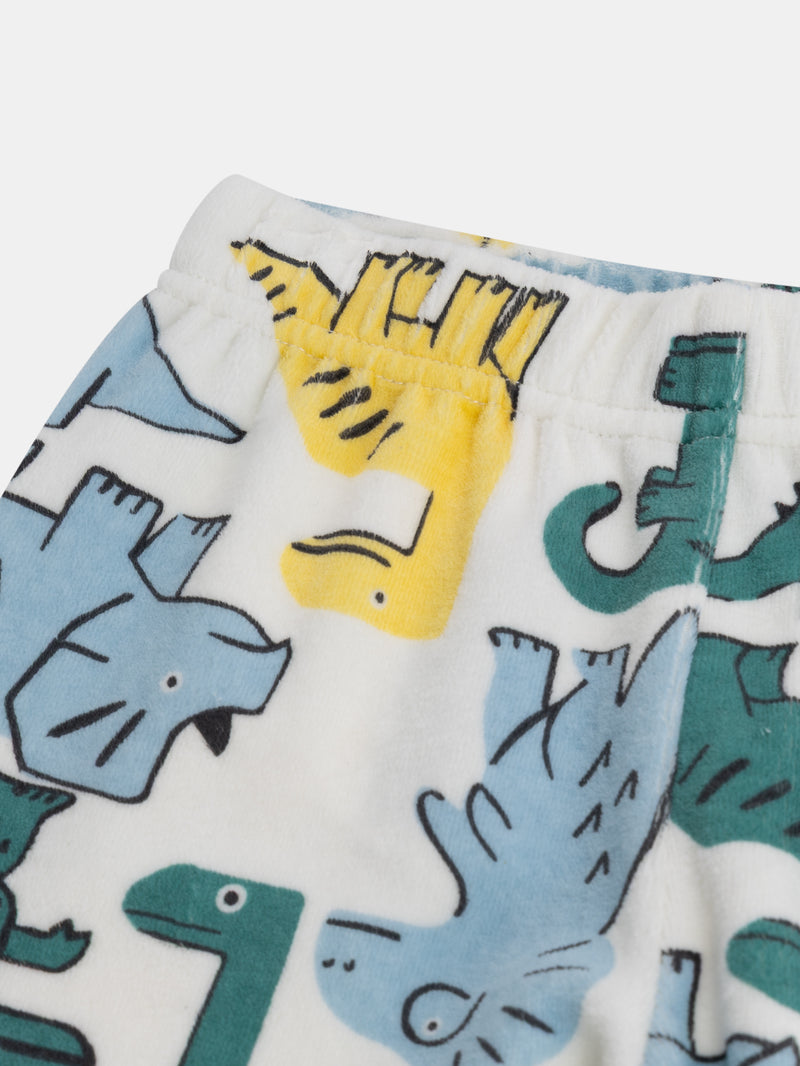 Pigiama 2 pezzi in velluto con stampa integrale di dinosauri colorati per bambino