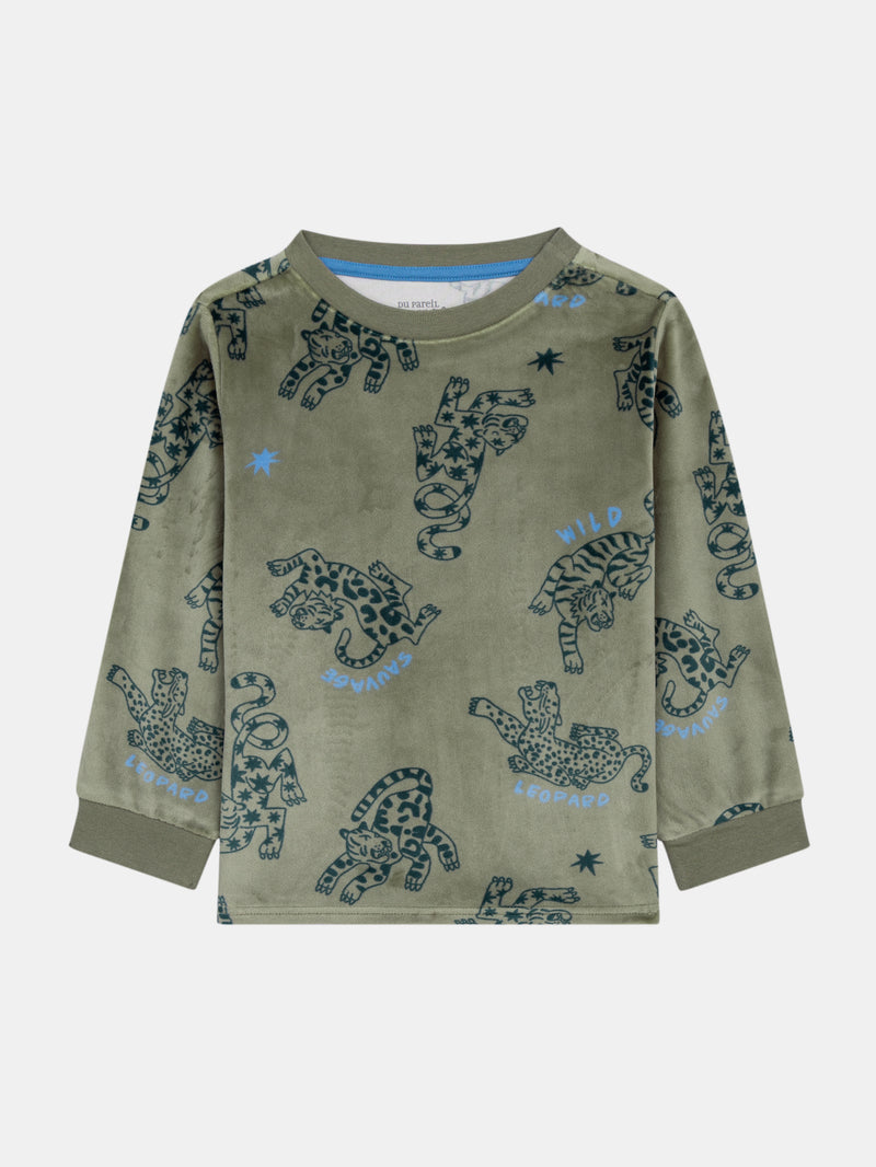Pigiama 2 pezzi in velluto elastico con stampa di leopardo per bambino