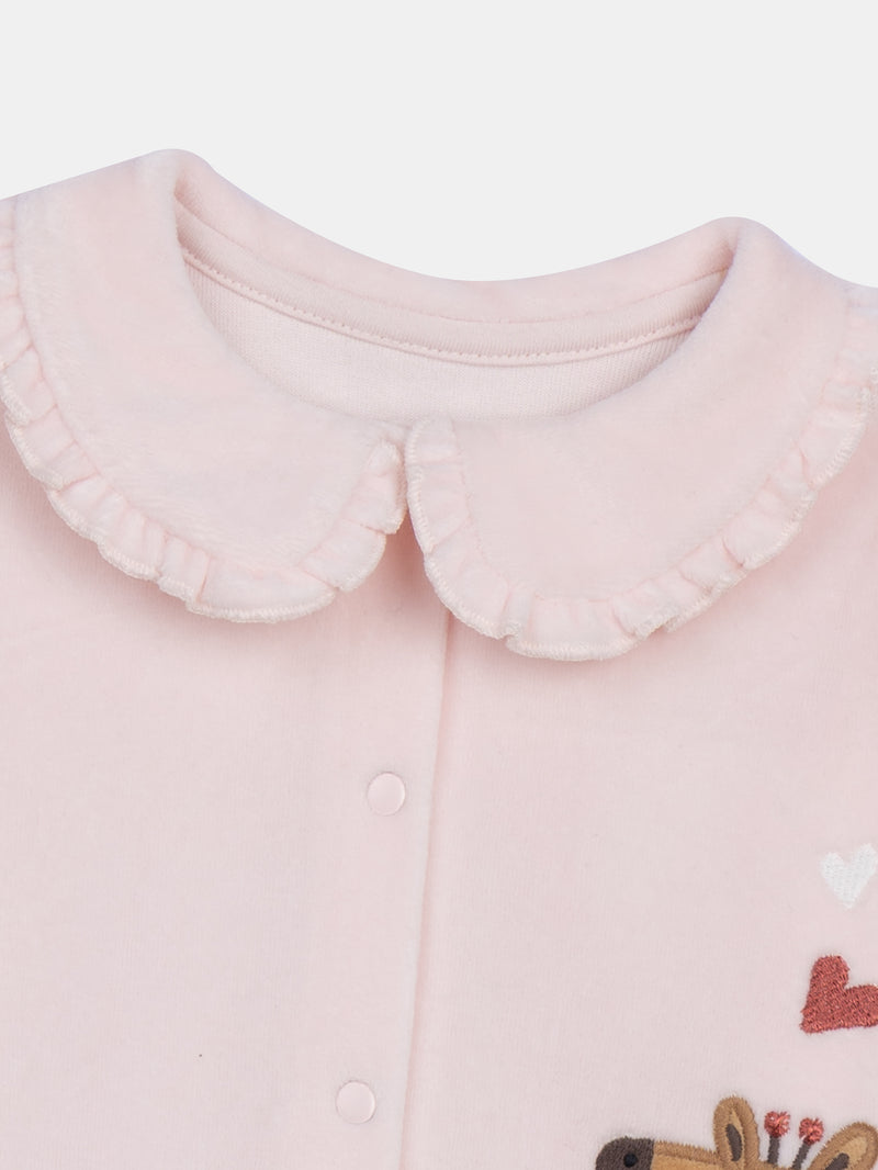 Tuta di velluto rosa con giraffa e panda per bambine