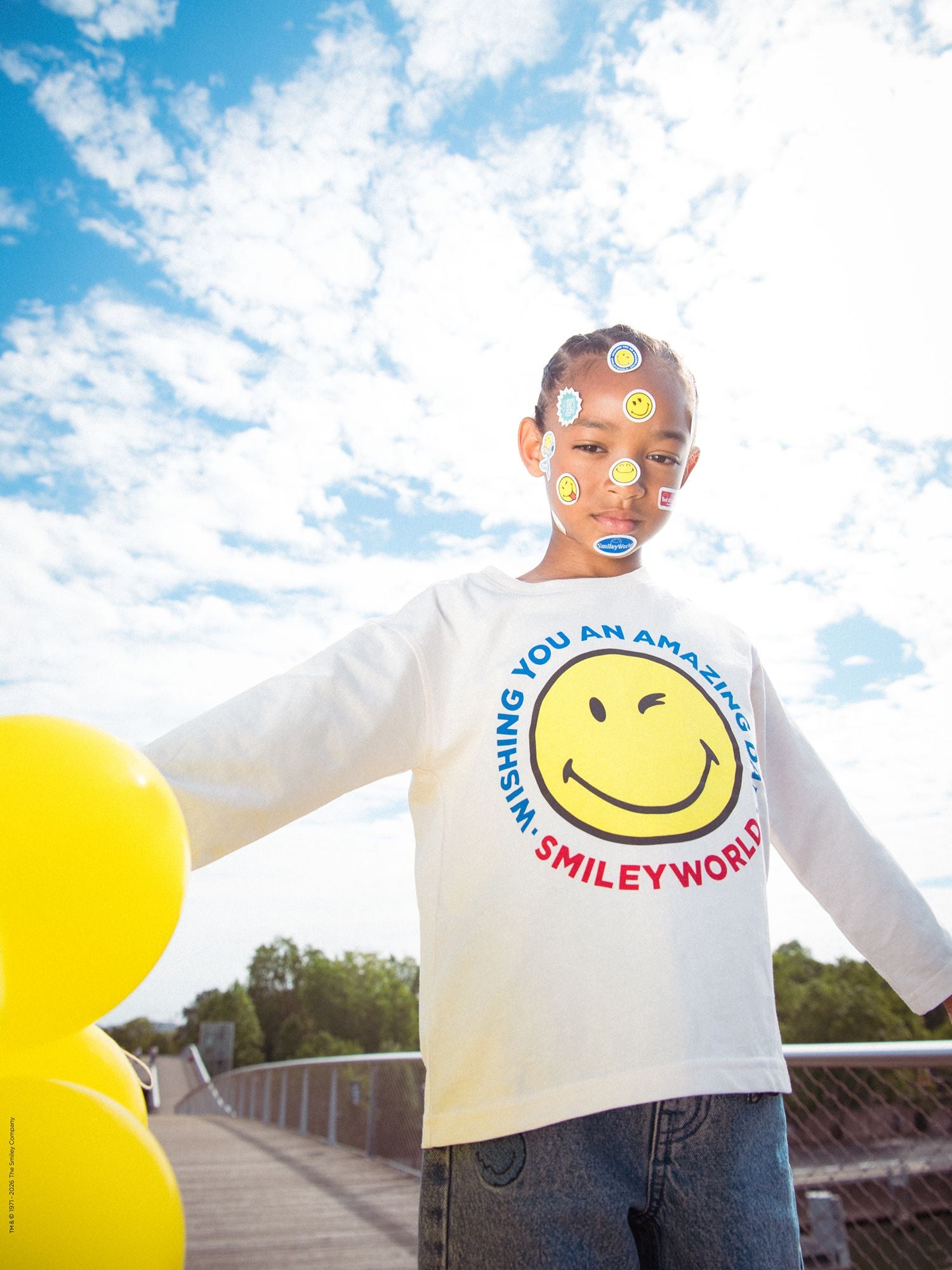 T-shirt Ecru a Maniche Lunghe con Stampa SMILEYWORLD per Bambini