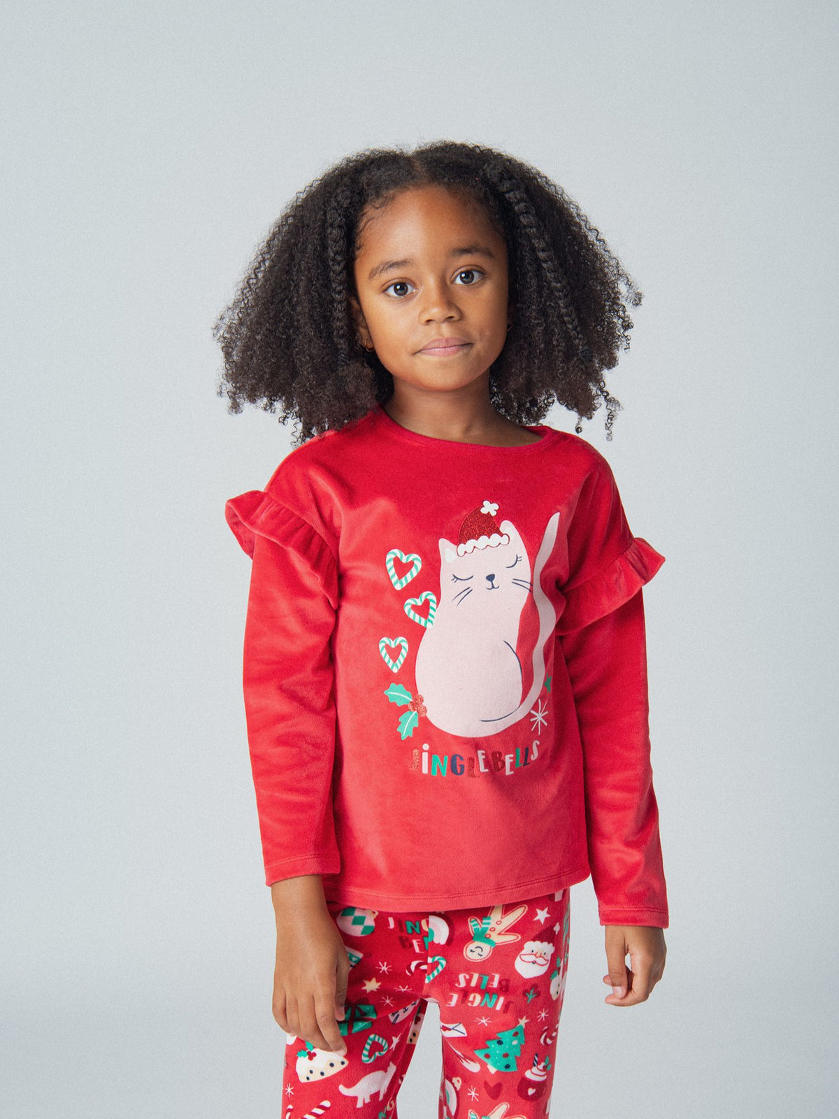 Pyjama 2 en velours rouge imprimé chat de Noël pour fille