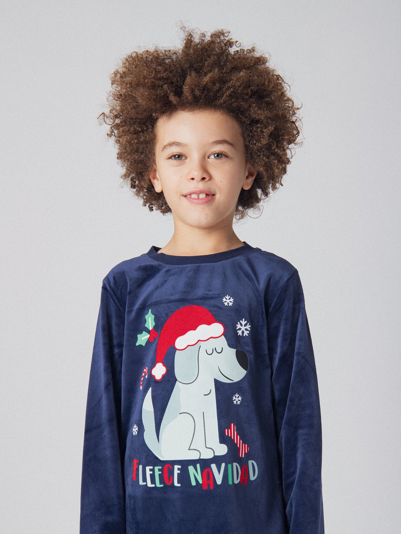 Pyjama 2 pièces bleu marine en velours Noël pour enfant garçon