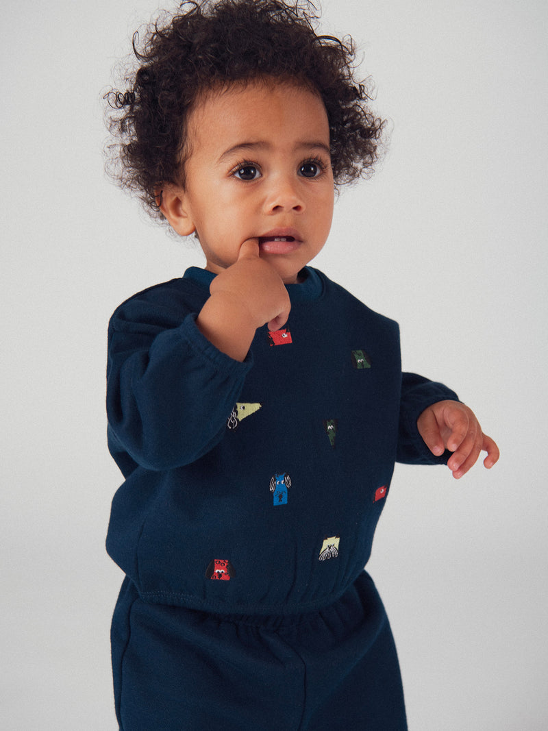 Completo felpa e pantaloni blu marino "ARTY SCHOOL" per bambino