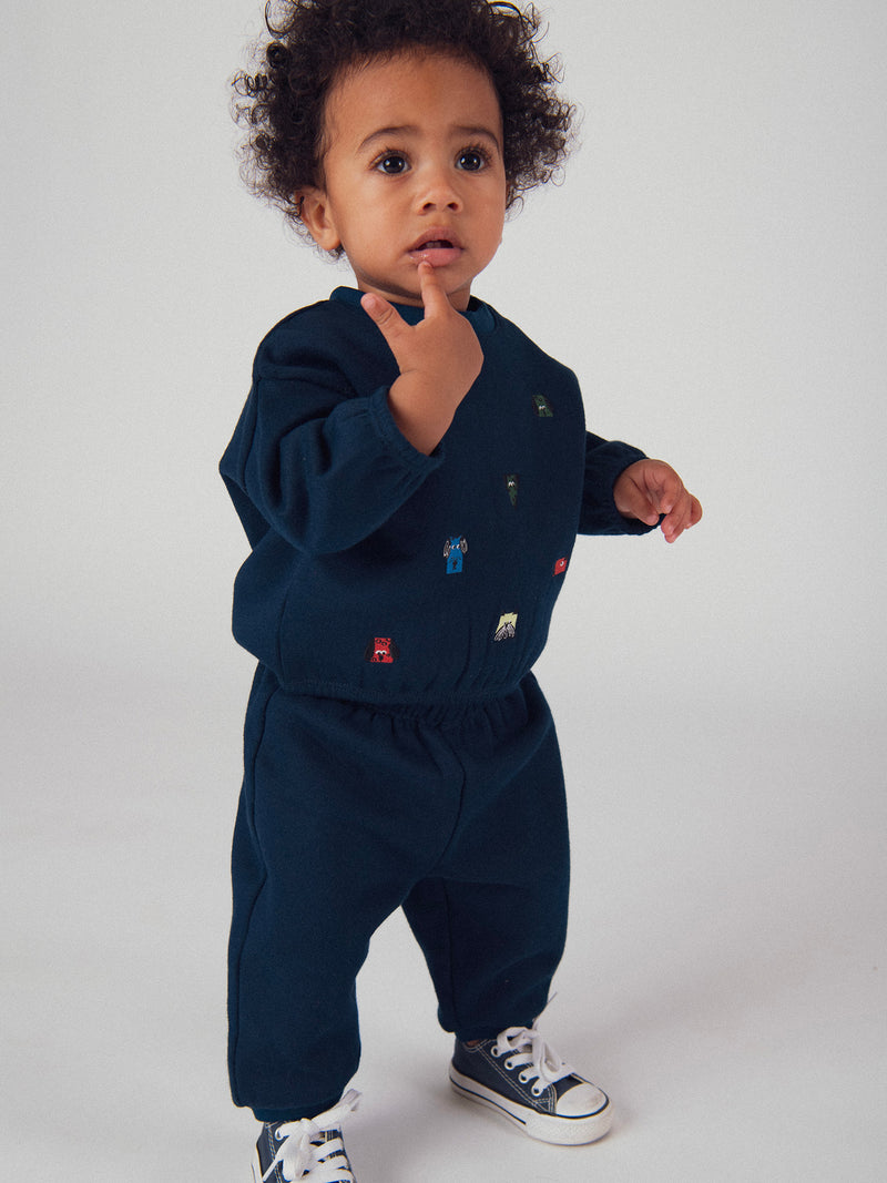 Completo felpa e pantaloni blu marino "ARTY SCHOOL" per bambino