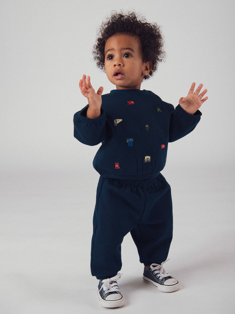 Completo felpa e pantaloni blu marino "ARTY SCHOOL" per bambino