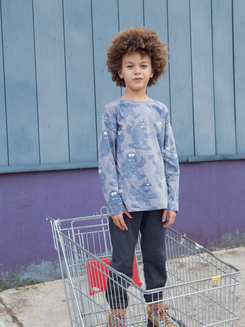 T-shirt a maniche lunghe blu con stampa di yeti per ragazzi