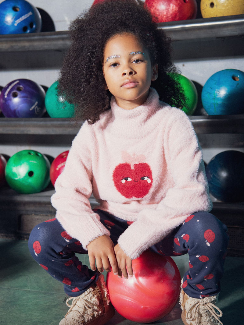 Pull rose animation pomme pour fille