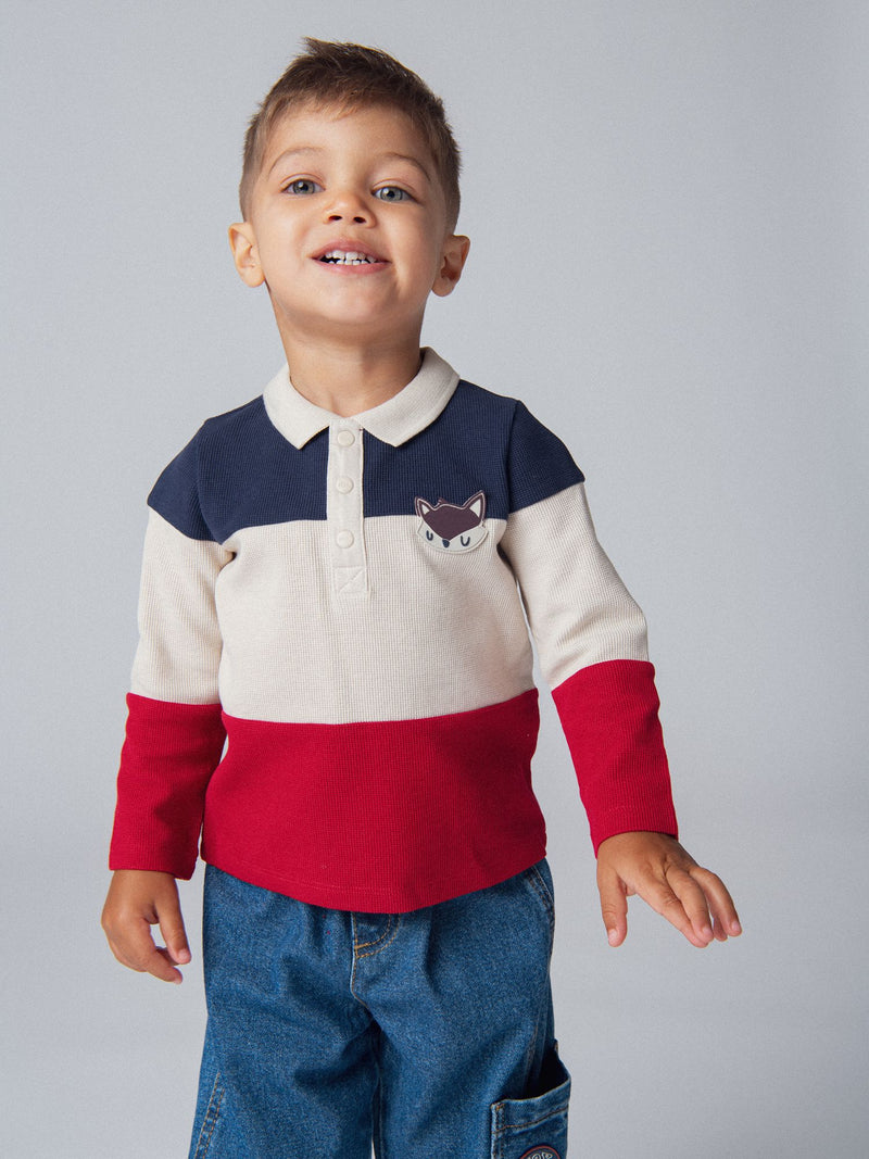 Polo à manches longues tricolore avec badge renard pour garçon