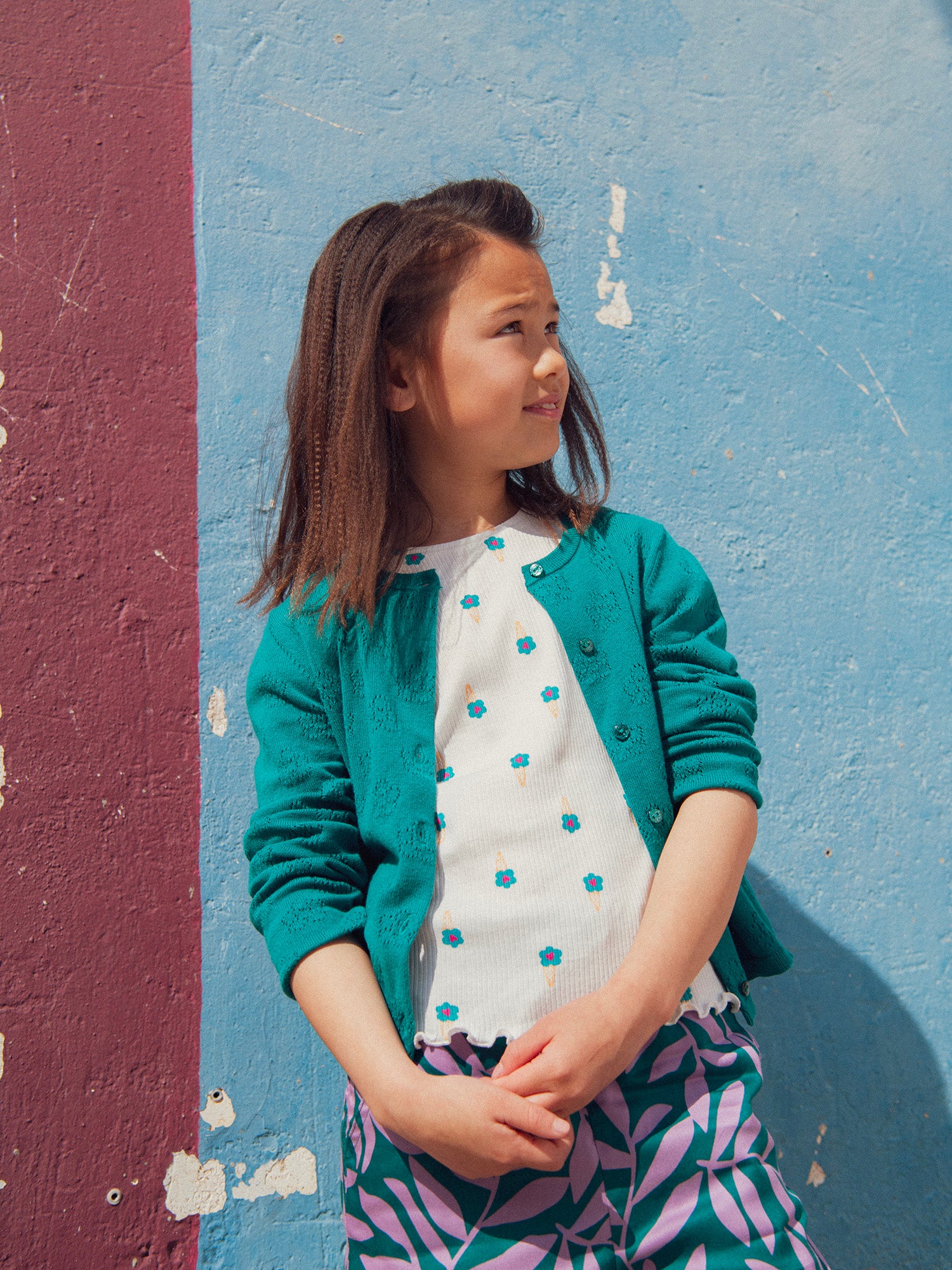 Cardigan verde in punto floreale per ragazza