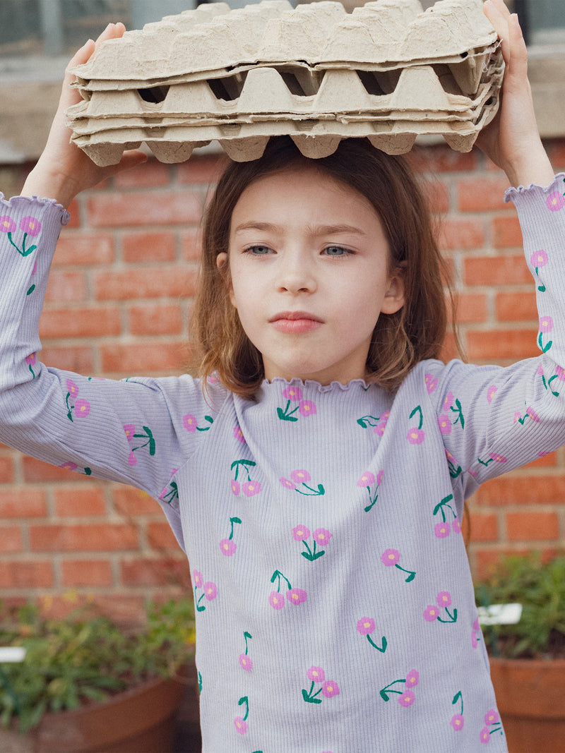 T-shirt a Coste con Maniche Lunghe e Bordi Ondulati, Stampa di Fiori