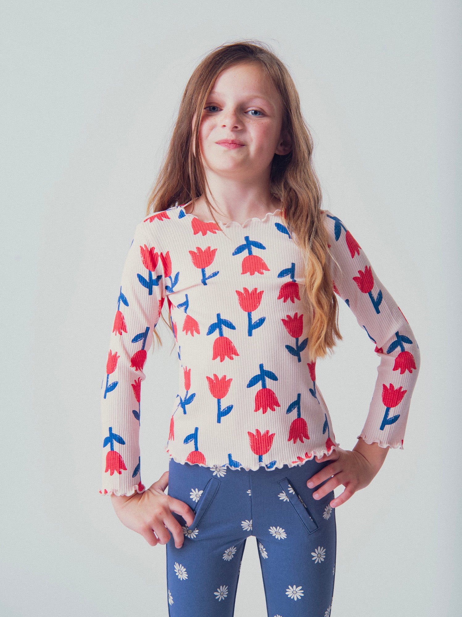 T-shirt à côte manches longues rose imprimé coquelicots pour fille